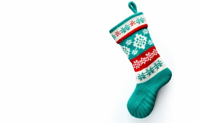 knitted christmas stocking isolated on white background, xmas wallpaper banner or card