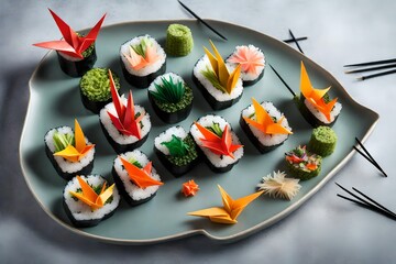 Create a sushi platter featuring edible origami cranes made from seaweed and rice, with each crane containing a different flavor surprise - obrazy, fototapety, plakaty