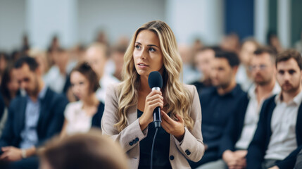 Female manager asking question from audience during business conference - obrazy, fototapety, plakaty