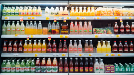 Fresh cooled beverages and drinks in supermarket fridge - obrazy, fototapety, plakaty