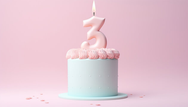 Pastel birthday cake with three candles. 3D Rendering of pastel birthday cake party with candle number 3 with copy space on pink background. 3D Render illustration. Copy space. Number 3, Happy 