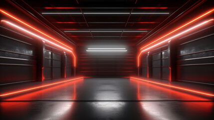 Modern futuristic warehouse corridor background with neon glow