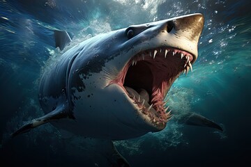 Obraz premium Intensity of a massive shark navigating through towering waves