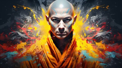 Colorful Shaolin Warrior: Abstract Monk Portrait with Kung Fu Master and Chinese Martial Arts Background - obrazy, fototapety, plakaty