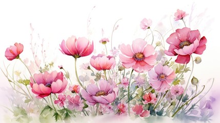 Watercolor Illustration of Pink Floral Garden - Summer Background Decorative Arrangement for Spring