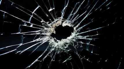 Bullet Hole in Glass: Isolated Shot of Broken Glasses After Gunfire, Fractured and Damaged Glass with a Cracked Hole