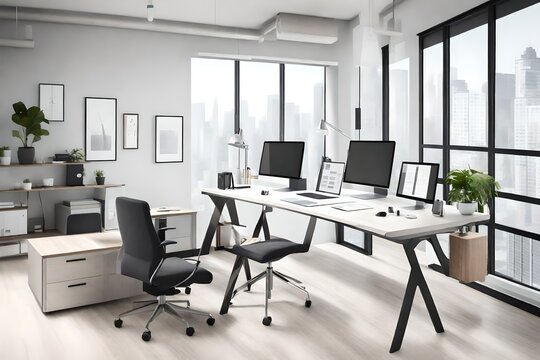 Modern office workspace with sleek desk, computer, and organizational tools.