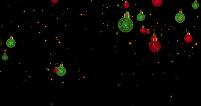 4k falling christmas balls with golden sprinkle on black background