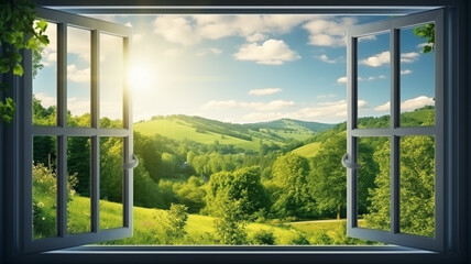 Landscape nature view background. view from window - obrazy, fototapety, plakaty