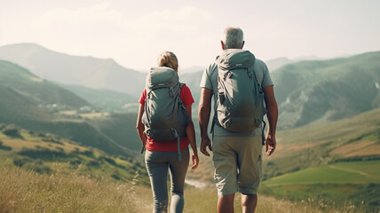 Obraz premium retired couple hiking together in the mountains in the vacation trip.