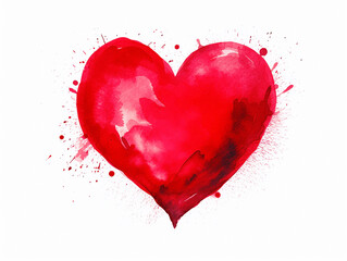 Red heart, painted with a brush, with splashes on a white background