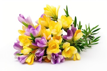 A bunch of yellow and purple flowers on a white surface