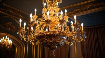 Luxury chandelier which is the highlight of the ballroom. Generative AI Technology 
