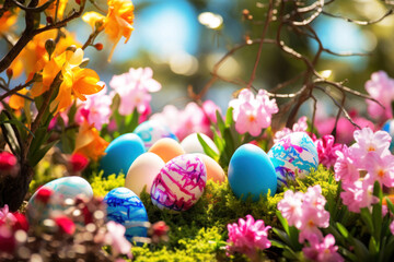 Fototapeta na wymiar Vibrant Easter eggs with flowers in the garden