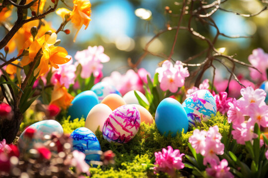 Vibrant Easter eggs with flowers in the garden