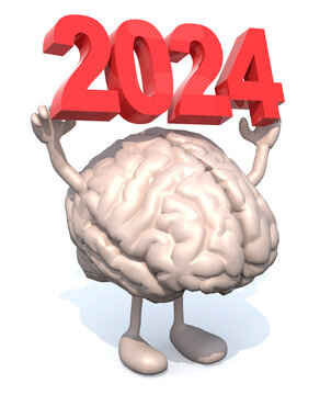 brain with arms, legs and the 3D inscription 2024