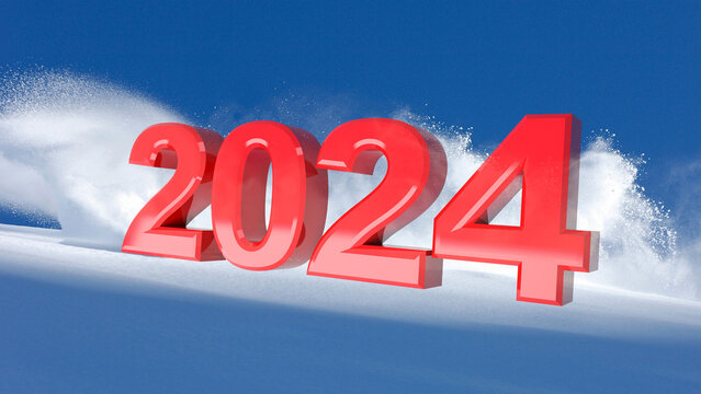 New Year red 2024 on a winter snow background