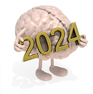 brain with arms, legs and the 3D inscription 2024