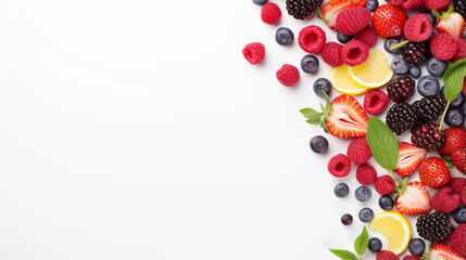 A vibrant mix of berries and citrus fruits on a white background