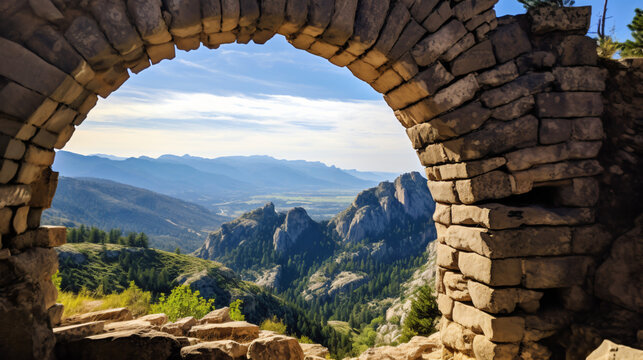 A picture of a stone arch with a breathtaking view