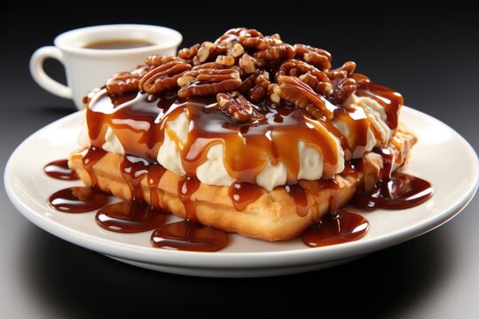 A waffle covered in caramel sauce and pecans