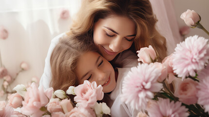 Obraz na płótnie Canvas Mom and daughter hugging surrounded by fresh flowers. Bouquet of flowers as a gift for Mother's Day, motherhood and childhood, happiness to be a family.