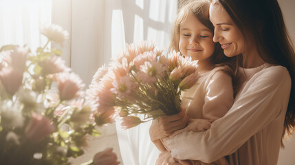 Mom and daughter hugging surrounded by fresh flowers. Bouquet of flowers as a gift for Mother's Day, motherhood and childhood, happiness to be a family. - Powered by Adobe