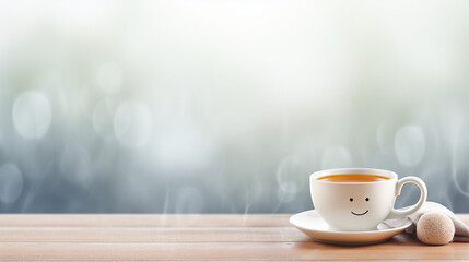 Smiling coffee cup on a table with bokeh background - obrazy, fototapety, plakaty