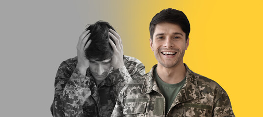 PTSD Concept. Male soldier in uniform displaying mixed emotions, collage