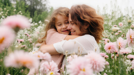 Fototapeta premium Mom and daughter hugging surrounded by fresh flowers. Bouquet of flowers as a gift for Mother's Day, motherhood and childhood, togetherness, happiness to be a family.