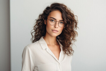 Portrait of beautiful young woman in eyeglasses looking at camera.