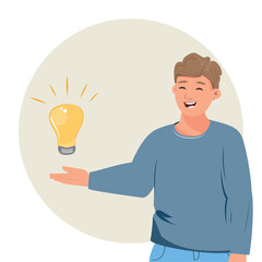 Happy man with a bulb. New idea concept illustration