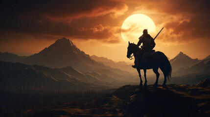 a medieval warrior on horseback silhouette. Generative  ai - obrazy, fototapety, plakaty