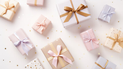 Top view pink pastel wallpaper of Wrapping Paper, gift box, celebrating Ribbons. Creative concept of festive gift wrapping.