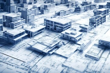 Architectural blueprint spread out on a table, showcasing the initial planning and design phase of a corporate building.