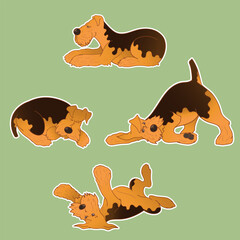 Set of stickers with a dog. Airedale Terrier. Cheerful puppy. Stickers in cartoon style. Puppy character. Sticker pack