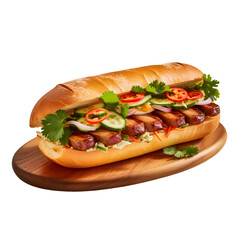 Bánh mì is a typical Vietnamese baguette served on a wooden board, transparent background