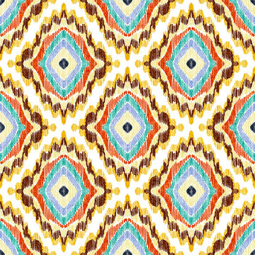 Embroidered seamless pattern. Bohemian ornament for home textiles, carpets, pillows, blankets. Grunge texture. Vector illustration.