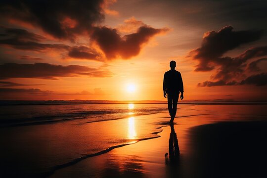 The Silhouetted Solitary Stroll of a Figure Along a Beach at Sunset, Finding Peaceful Introspection Within Nature's Calm Embrace Generated Image
