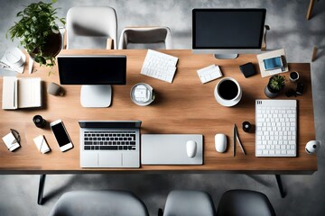Top-down view of a tidy desk with a dual monitor setup, emphasizing productivity and efficiency in a contemporary workspace. - obrazy, fototapety, plakaty