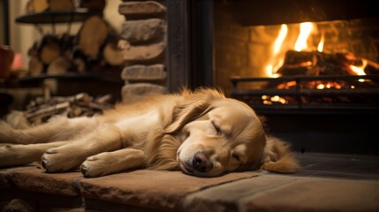 Obraz premium Golden retriever sleeping by a crackling fireplace AI generated illustration
