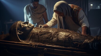 a scene of an ancient Egyptian mummy being prepared for its journey to the afterlife - obrazy, fototapety, plakaty