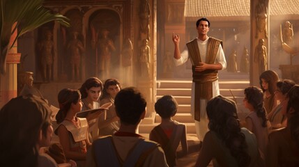a scene of an ancient Egyptian teacher instructing students in a school - obrazy, fototapety, plakaty