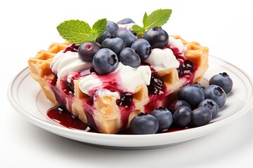 A white plate topped with waffles covered in blueberries