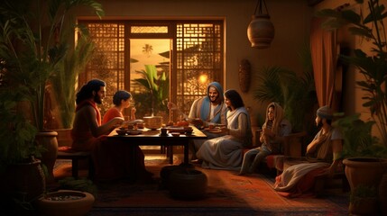 a scene of an Egyptian family enjoying a meal in their home - obrazy, fototapety, plakaty