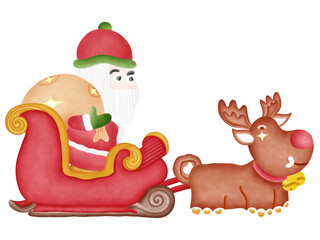 illustration of santa clause riding his sleigh pulled by reindeers.
