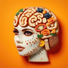 human brain anatomy model  on orange background
