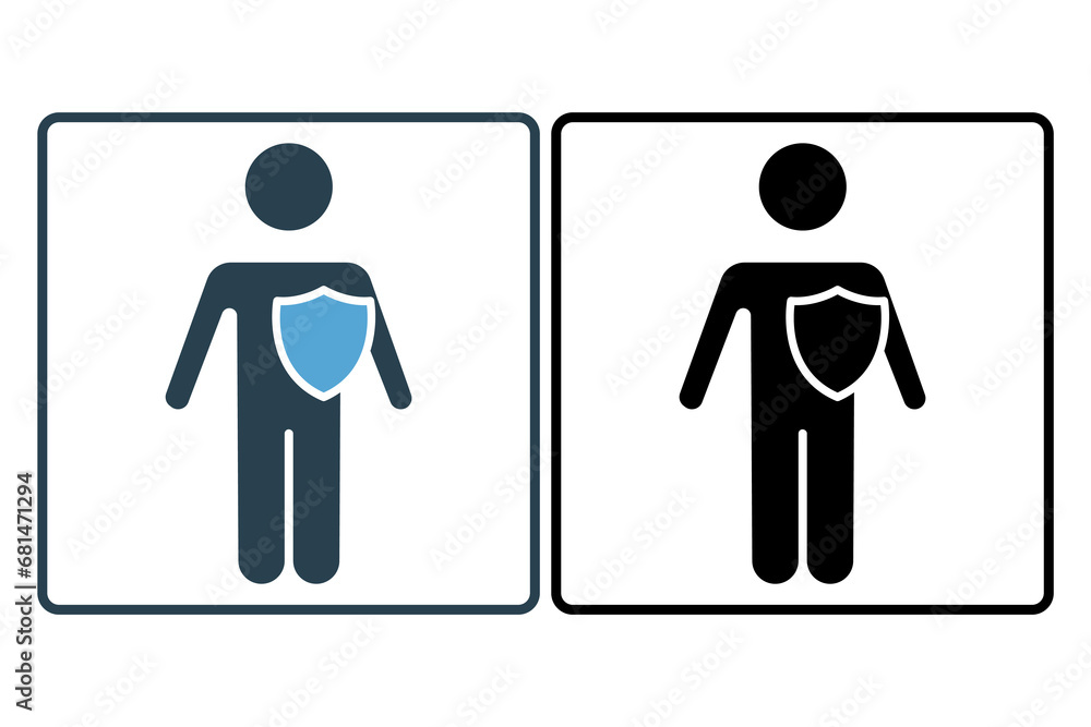 Poster integrity icon. human with shield. icon related to core values. solid icon style. simple vector desi