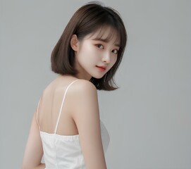 A young korean woman with healthy smooth skin and healthy short hair with bangs, for poster ads, skin care natural beauty. 