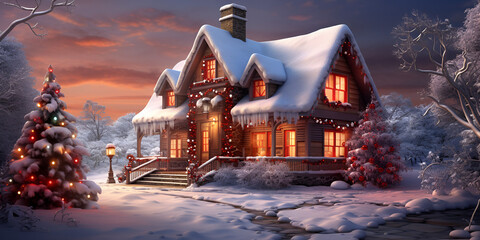 Cute winter house with snow and warm colors ,Tlo Christmas Dom W Ladny Krajobraz W Plaskiej Konstrukcji,generative ai
